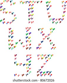 Alphabet letters abc font made of flags in heart. vector