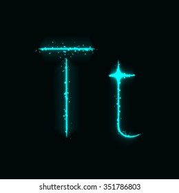 Alphabet letters of aqua lights on dark background