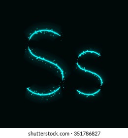 Alphabet letters of aqua lights on dark background