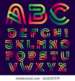 Alphabet letters with arrows inside. Vector bright colours typeface for delivery labels, business headlines, finance posters, sport cards etc.