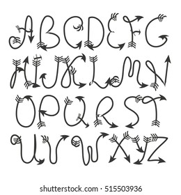 Alphabet letters with arrows. Vector calligraphy. Hand drawn font. Modern lettering. Ink illustration. Isolated vector