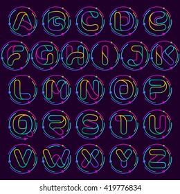 Alphabet letters with atoms orbits. Font style, vector design template elements for your application or corporate identity.