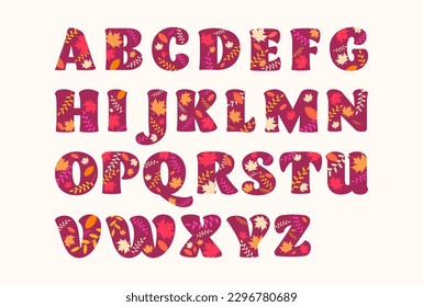 Alphabet letters in autumn style with colorful leaves. Autumn font