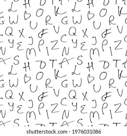 Alphabet letters background, seamless vector pattern with hand written letters on white background