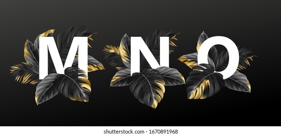 Alphabet letters in black with golden exotic tropical leaves of plants. Luxurious design concept for advertising, booklets, posters, flyers. Vector illustration EPS10