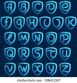 Alphabet letters with blue shield. Vector design template elements for your application or corporate identity.