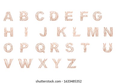 Alphabet letters branches botanical flowers floral style art design element flat vector illustration