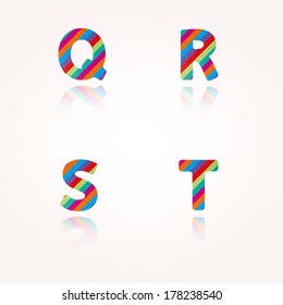 alphabet letters with bright color stripes and reflection for birthday party, celebration or any joyous of funny text