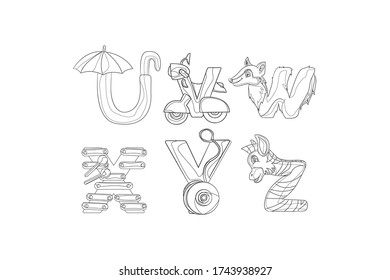 Alphabet Letters As Cartoon Character Graphic Illustration Outline Uppercase Capital Letters | UVWXYZ Umbrella, Vespa, Wolf, Xylophone, Yoyo, Zebra