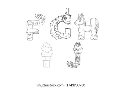 Alphabet Letters As Cartoon Character Graphic Illustration Outline Uppercase Capital Letters | FGHIJ Flamingo, Grasshopper, Horse, Ice Cream, Jellyfish