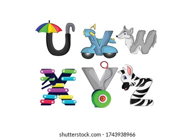 Alphabet Letters As Cartoon Character Graphic Illustration Colored Uppercase Capital Letters | UVWXYZ Umbrella, Vespa, Wolf, Xylophone, Yoyo, Zebra