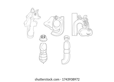 Alphabet Letters As Cartoon Character Graphic Illustration Outline Lowercase Letters | FGHIJ Fox, Goose, Hamster, Insect, Jar