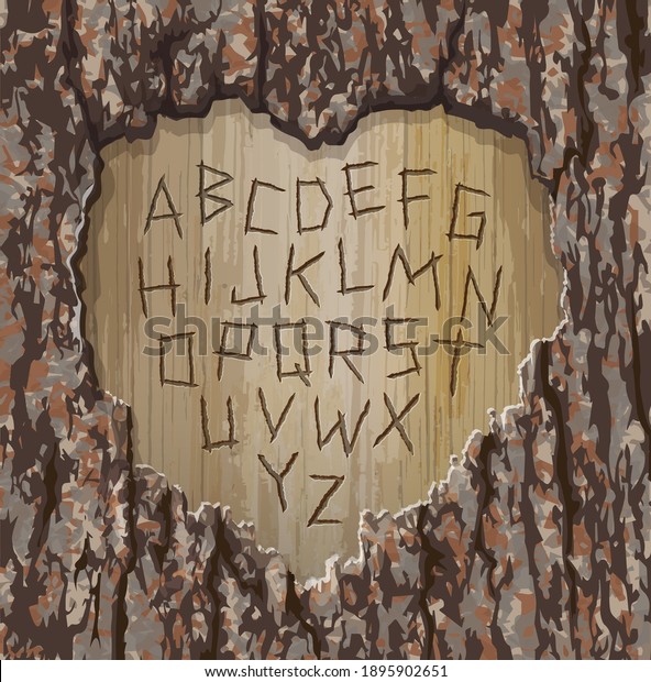 Alphabet letters carved into a tree with heart shape\
cut out.  Easy to edit font for your design. Vector illustration\
for Valentine\'s Day.