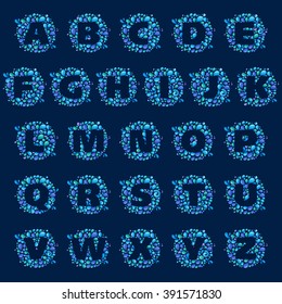 Alphabet letters in a circle of splashes and drops of water. Font style, vector design template elements for your ecology application or corporate identity.