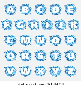 Alphabet letters in a circle of splashes and drops of water. Font style, vector design template elements for your ecology application or corporate identity.