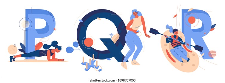 Alphabet letters collection P for plank pose, Q for quoits and R for rafting with capital characters on back. Concept illustration with healthy young women training isolated on white