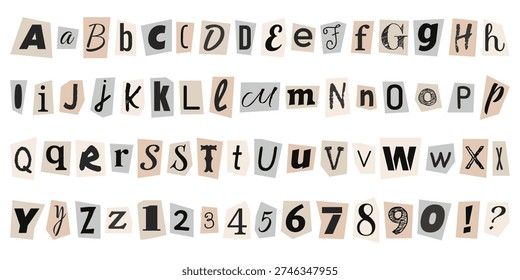 Alphabet letters cut out from old newspapers. Font for collages, scrapbooking and ransom notes. Uppercase and lowercase letters, numbers, punctuation symbols.