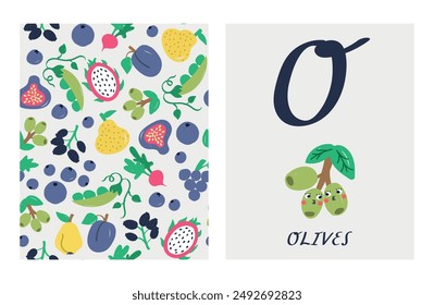 alphabet letters. Cute letter O with olives. English alphabet for kids. Vegetable cartoon character. A double-sided card with a fruit pattern on the reverse side Educational flat vector style.