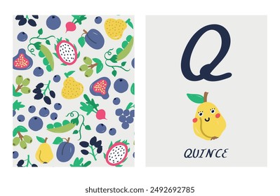 alphabet letters. Cute letter Q with quince. English alphabet for kids. Fruit cartoon character. A double-sided card with a fruit pattern on the reverse side Educational flat vector style.