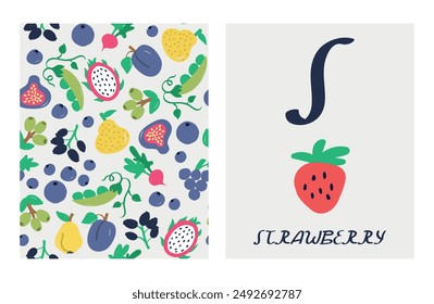 alphabet letters. Cute letter S with strawberry. English alphabet for kids. fruit cartoon character. A double-sided card with a fruit pattern on the reverse side Educational flat vector style.