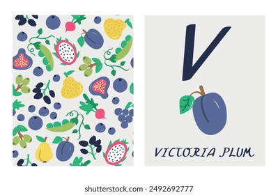 alphabet letters. Cute letter V with victoria plum. English alphabet for kids. Fruit cartoon character. A double-sided card with a fruit pattern on the reverse side Educational flat vector style.