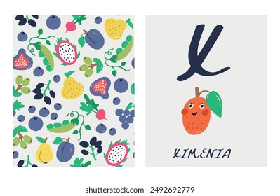 alphabet letters. Cute letter X with ximenia fruit. English alphabet for kids. Fruit cartoon character. A double-sided card with a fruit pattern on the reverse side Educational flat vector style.