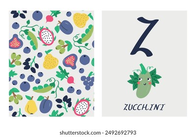 alphabet letters. Cute letter Z with zucchini. English alphabet for kids. Vegetables cartoon character. A double-sided card with a fruit pattern on the reverse side Educational flat vector style.