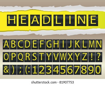 Alphabet letters and digits on torn paper