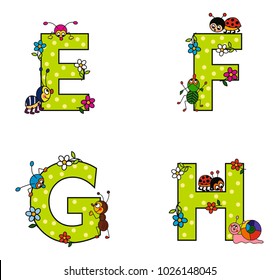 Alphabet, letters E, F, G, H, vectors, bugs and flowers, colored