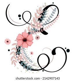 Alphabet letters floral. LETTER E vector with flowers and leaves. Decoration invitation card font letters E. Illustration, celebration anniversary.