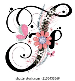 Alphabet letters floral. LETTER F vector with flowers and leaves. Decoration invitation card font letters F. Illustration, celebration anniversary.