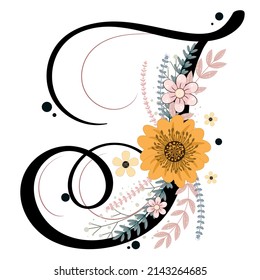 Alphabet letters floral. LETTER J vector with flowers and leaves. Decoration invitation card font letters J. Illustration, celebration anniversary.