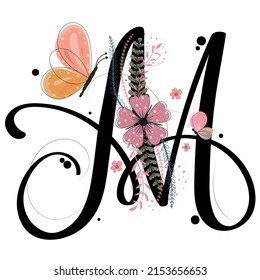 Alphabet letters floral. LETTER M vector with flowers and leaves. Decoration invitation card font letters M. Illustration, celebration anniversary.