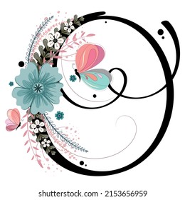 Alphabet letters floral. LETTER O vector with flowers and leaves. Decoration invitation card font letters O. Illustration, celebration anniversary.