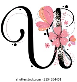 Alphabet letters floral. LETTER U vector with flowers, butterfly and leaves. Decoration invitation card font letters U. Illustration, celebration anniversary.