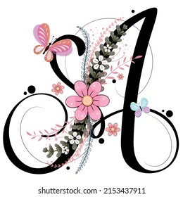 Letras alfabetas florales. CARTA Un vector con flores y hojas. Letra A de la tarjeta de invitación a la decoración. Ilustración, aniversario de celebración.