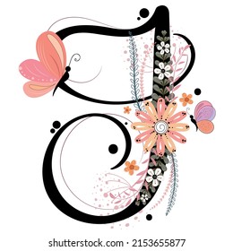 Alphabet letters floral. LETTER I vector with flowers and leaves. Decoration invitation card font letters I. Illustration, celebration anniversary.