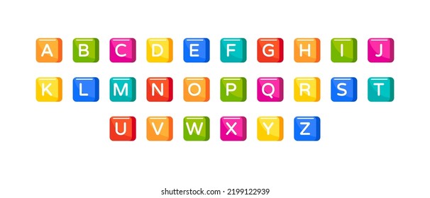 Alphabet letters, font for kids education in school or kindergarten. Bright colorful type with characters on play blocks. Square game buttons with typography symbols, vector cartoon set