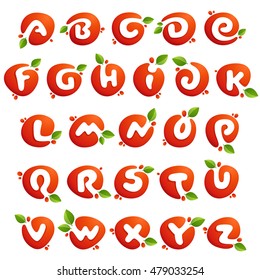 Alphabet letters in fresh juice splash with green leaves. Vector elements for natural application, ecology presentation, business card or cafe posters.