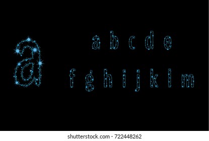 Alphabet letters from glittering blue stars and trail of sparkling particles. Illustration with glitter wave and shining blue stars and blue glittering and sparkling dust.