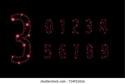 Alphabet letters from glittering red stars and trail of sparkling particles. Illustration with glitter wave and shining red glittering stars and sparkling dust.