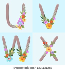  Alphabet letters with hand drawn rustic flowers onblue background vector design.