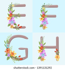  Alphabet letters with hand drawn rustic flowers onblue background vector design.