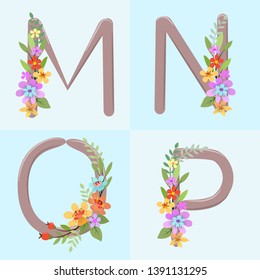  Alphabet letters with hand drawn rustic flowers onblue background vector design.