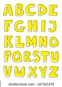 Alphabet letters hand drawn vector set isolated on white background. Kids doodle abc draft with yellow highlighter cartoon sign collection.
