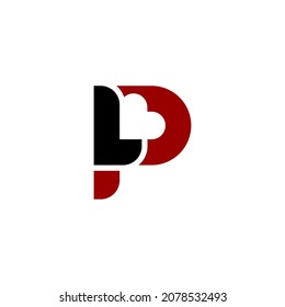 Letras alfabéticas: logotipo del monograma LP, negro blanco L y P, rojo para su empresa. combinación de logotipo para formar un corazón blanco