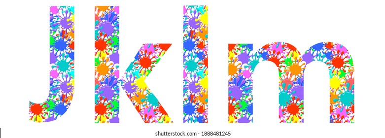 Alphabet, Letters j k l m  with  pattern of colorful  ink blots, abstract color splash, Colored Spray, isolated on white background, vector illustration