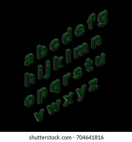Alphabet letters of lines. Isolated on black background. Vector outline illustration. Isometric view.