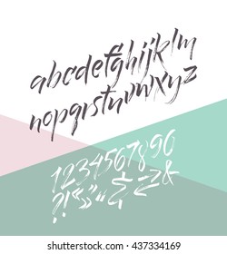 Alphabet letters: lowercase, numbers. Vector alphabet. Hand drawn letters. Letters of the alphabet written with a soft watercolor paint brush