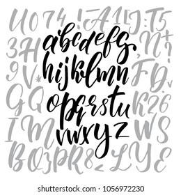 Alphabet letters: lowercase, uppercase, numbers. Vector alphabet. Hand drawn letters. Letters of the alphabet written with a soft watercolor paint brush